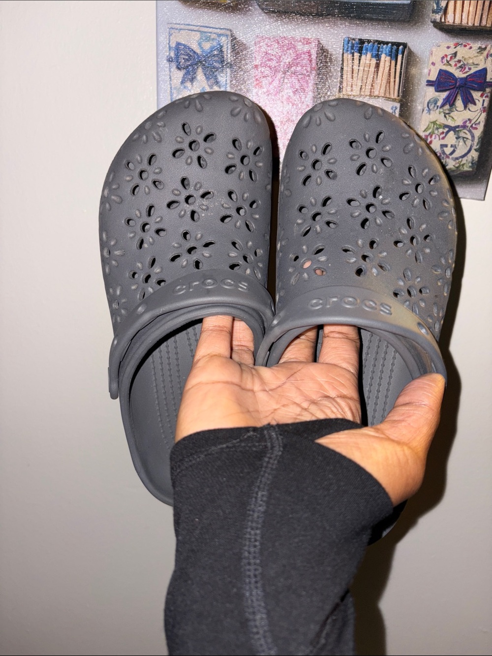 CROCS Women's Gray Floral Cutout Clog Mules